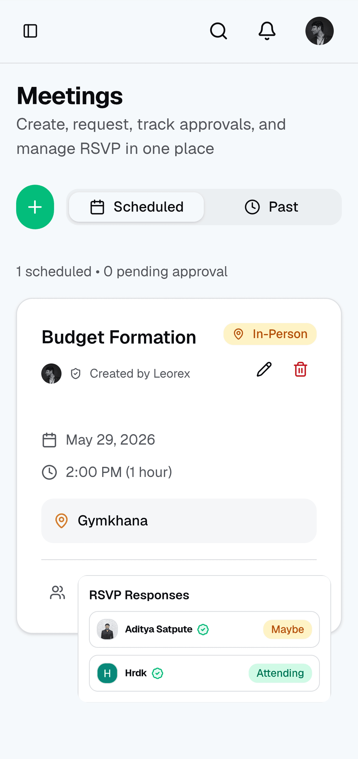 Meetings management screen
